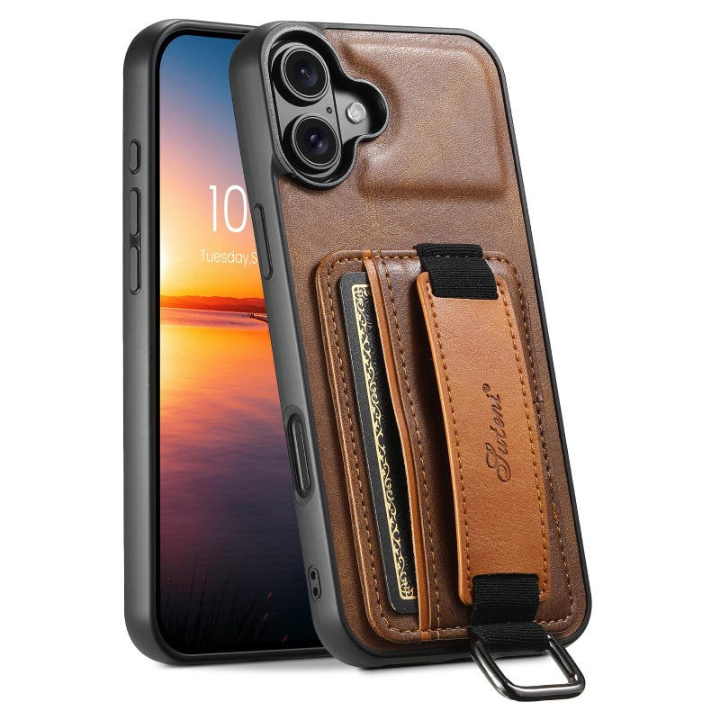 Suteni For Iphone 17 H13 Card Wallet Wrist Strap Holder Pu Phone Case(Brown) - Image 1