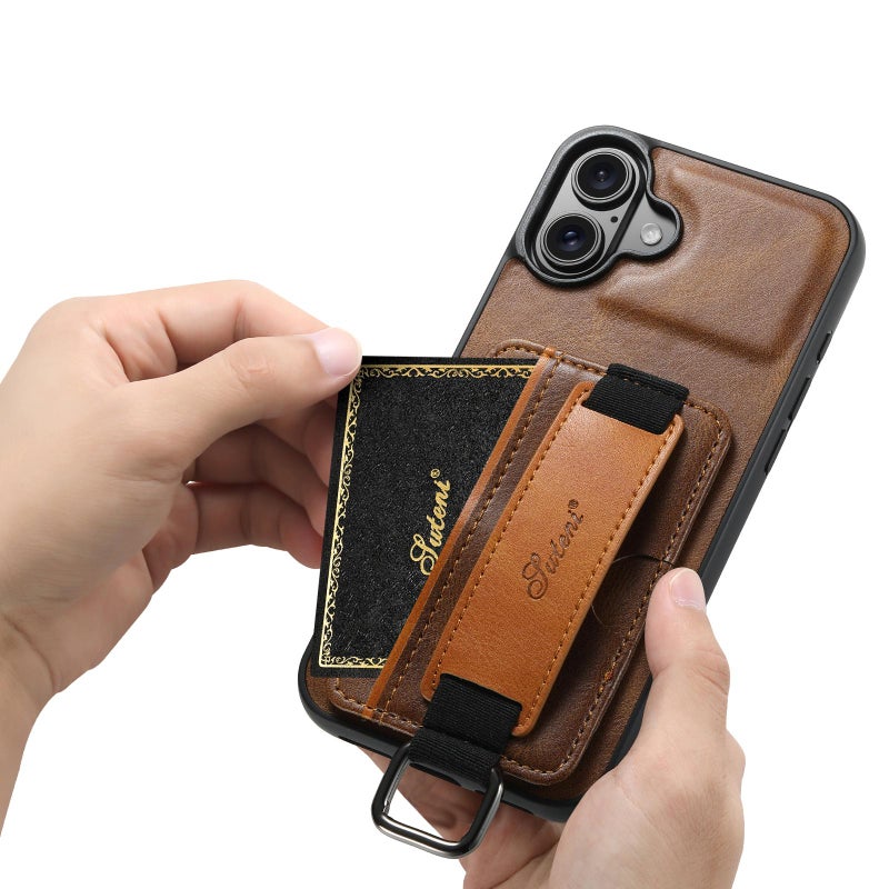 Suteni For Iphone 17 H13 Card Wallet Wrist Strap Holder Pu Phone Case(Brown) - Image 5