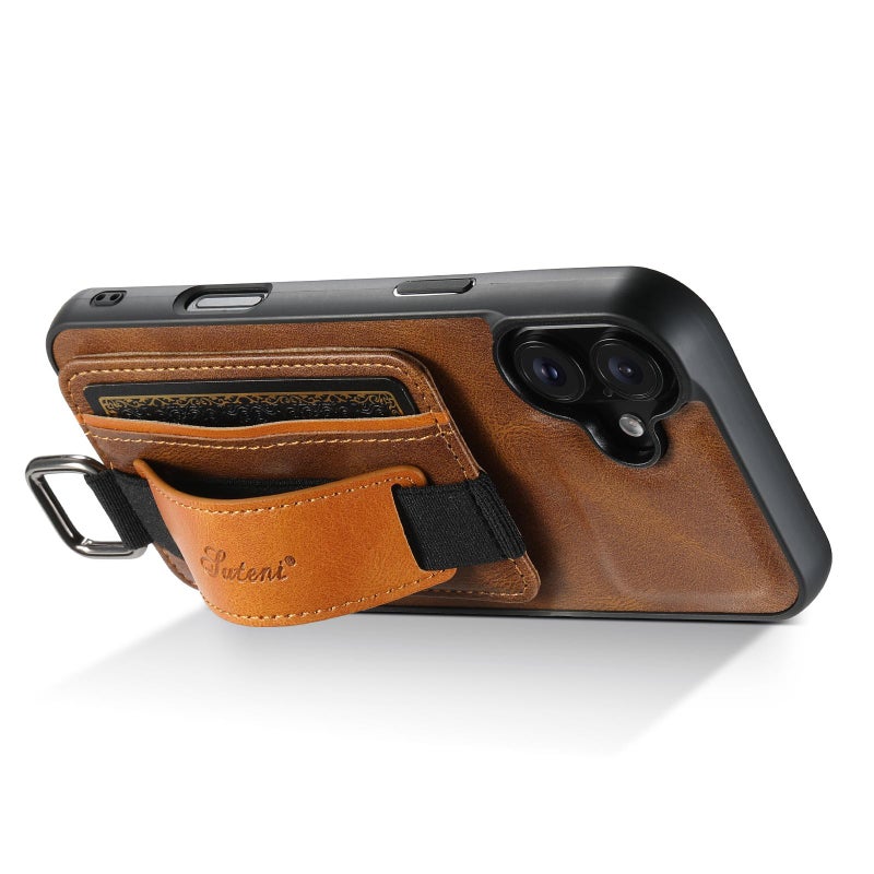 Suteni For Iphone 17 H13 Card Wallet Wrist Strap Holder Pu Phone Case(Brown) - Image 4