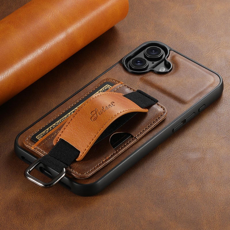Suteni For Iphone 17 H13 Card Wallet Wrist Strap Holder Pu Phone Case(Brown) - Image 2