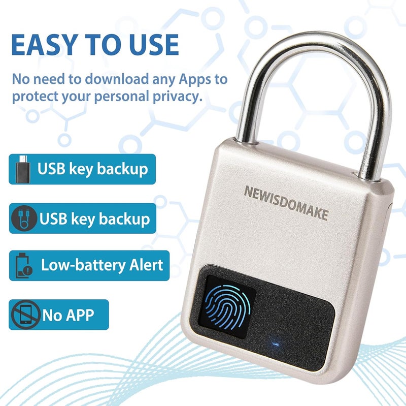 Newisdomake Fingerprint Padlock, Smart Padlock with USB Charging Support, Fingerprint Lock, Biometric Lock Suitable for Luggage, Bookcase, Suitcase, Backpack, Bike, School Locker, Gym Locker Lock(Gold) - Image 3