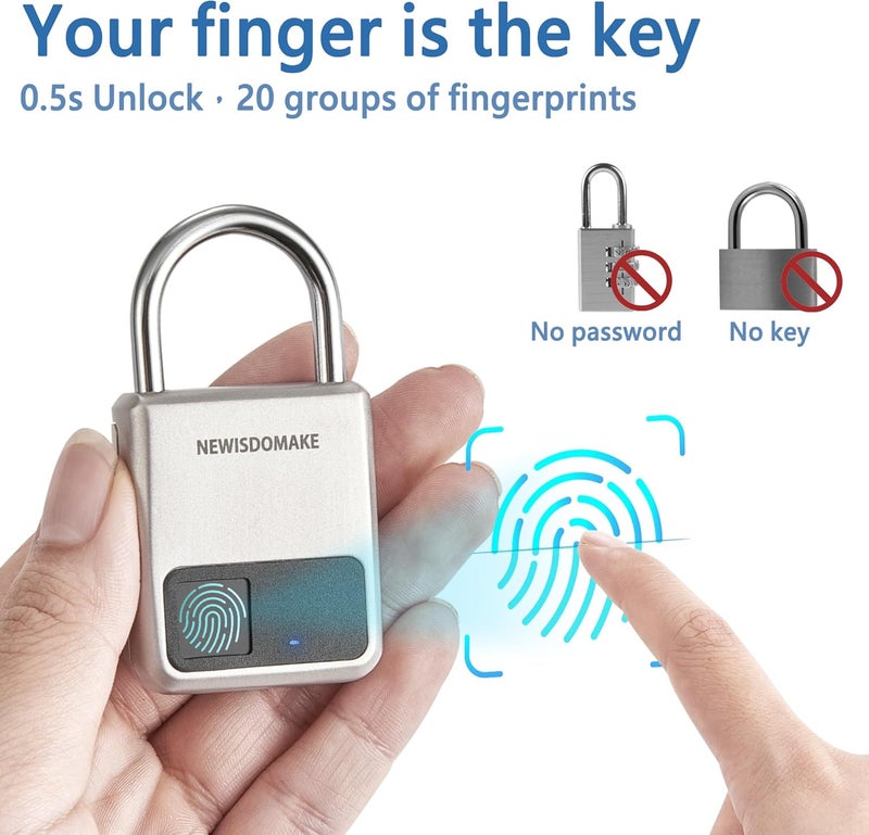 Newisdomake Fingerprint Padlock, Smart Padlock with USB Charging Support, Fingerprint Lock, Biometric Lock Suitable for Luggage, Bookcase, Suitcase, Backpack, Bike, School Locker, Gym Locker Lock(Gold) - Image 2