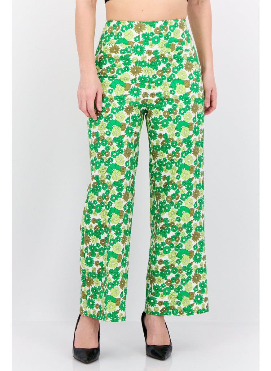 MANGO Women Regular Fit Floral Printed Straight Leg  Pants, Green Combo  - Image 1