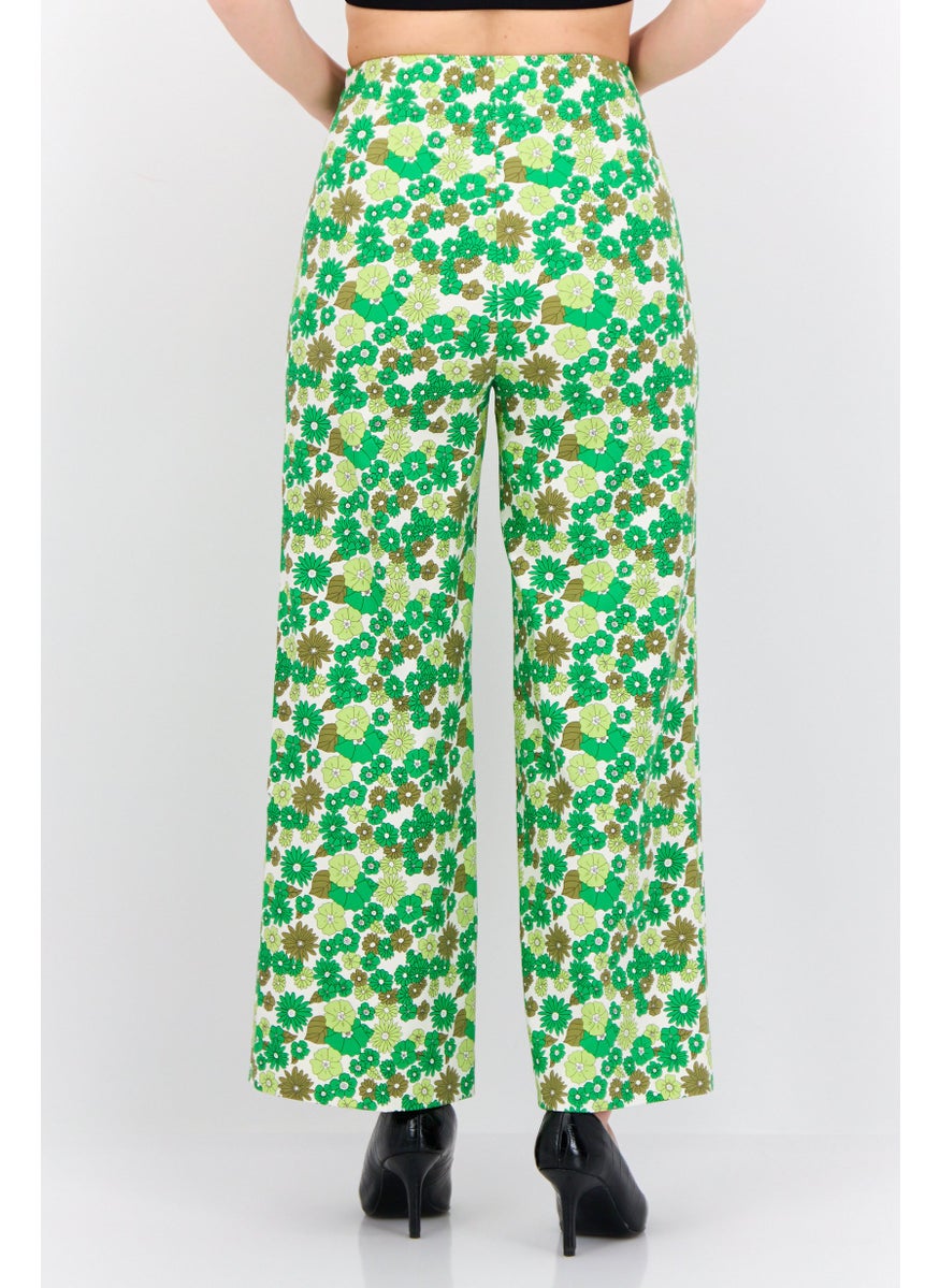 MANGO Women Regular Fit Floral Printed Straight Leg  Pants, Green Combo  - Image 3