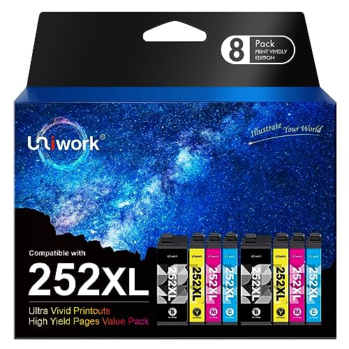 Uniwork 252XL Ink Cartridges 8 Pack Remanufactured for 252XL Ink Cartridge for Epson Printer 252 XL 252XL Ink Cartridges Combo Pack for Workforce WF3640 WF3620 WF7110 WF7710 WF7720 WF7620 Ink