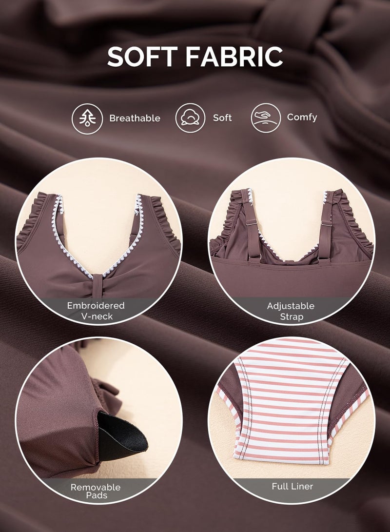 Aleumdr Modest Swimsuits for Women High Waisted Tummy Control Tankini Ruffle Two Piece Bathing Suit Slimming Swimwear Dark Brown Large - Image 5