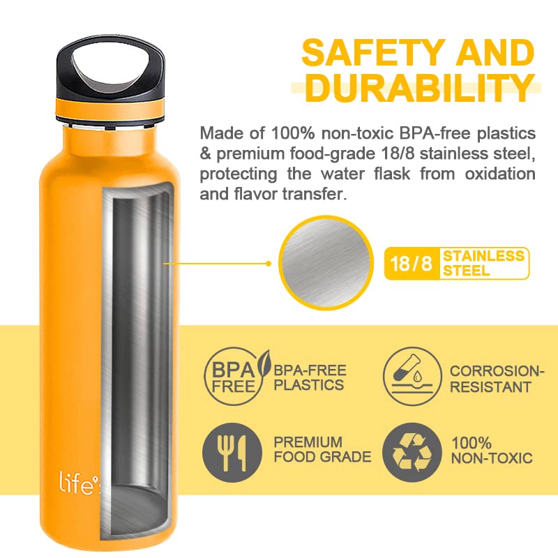 LIFE'S EASY Insulated Sports Water Bottle with Lid. Stainless Steel Vacuum Double Wall Thermo Flask for Hot and Cold Drinks  Simple Metal Hydro Canteen Travel Bottle for Men & Women - 20 oz (Yellow) - Image 3