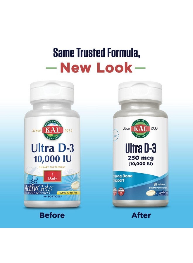 KAL Ultra Vitamin D3 10000 IU Softgels (250 mcg), High Potency Vitamin D, Calcium Absorption, Bone Health and Immune Support Supplement, Liquid Filled ActivGels, Made Without Soy, 90 Serv, 90 Softgels - Image 2