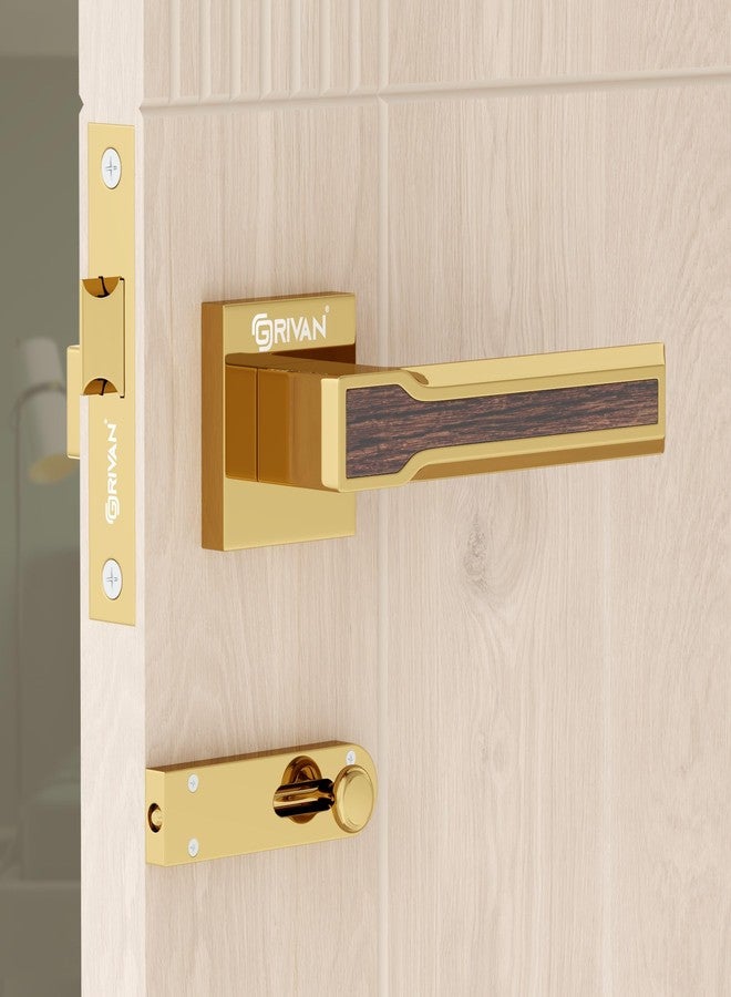 GRIVAN طقم مقابض أبواب حمام نحاسية عصرية من GRIVAN مع مزلاج أطفال بدون مفتاح لغرفة النوم/الشرفة/المكتب/المخزن (طلاء ذهبي) - Image 1