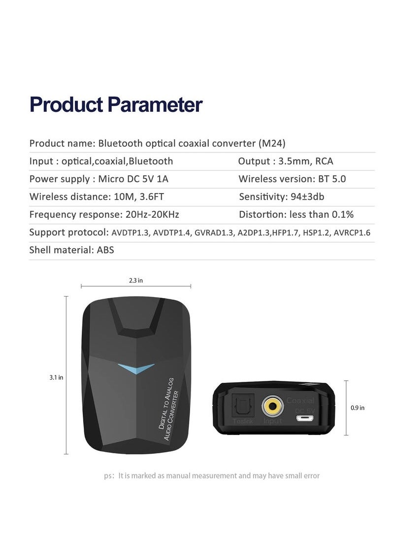 Digital to Analog Audio Converter with Bluetooth 5.0 Receiver, Optical Coaxial Bluetooth Digital Audio to Stereo Analog RCA & 3.5mm