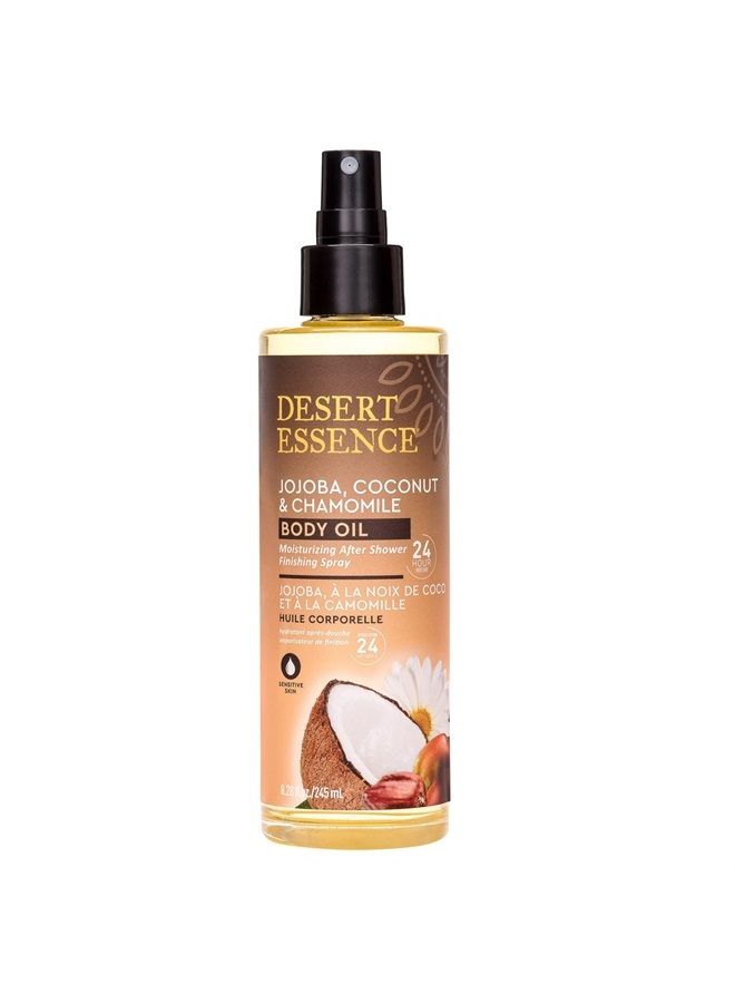 Desert Essence , Jojoba, Coconut & Chamomile Body Oil Spray, 8.28 fl. oz. - Gluten-Free, Vegan, Cruelty Free - 24hour Moisture, Soothes Skin, Perfect for Sensitive Skin, Illuminating Body Spray - Image 1