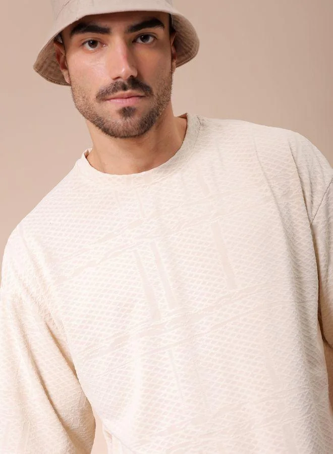 Men Oversized Self Design Round Neck Tshirt
