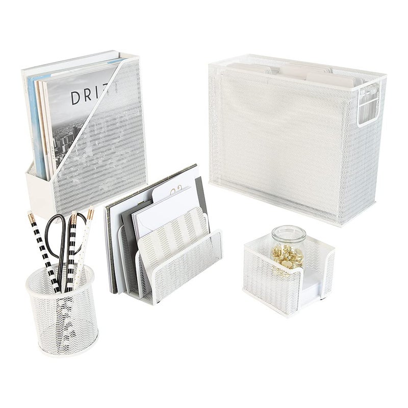 BLU MONACO  White Desk Organizer Set  5 Piece Metal Office Desk Organizer with Hanging File Holder Magazine Organizer Pen Cup Sticky Note Holder Mail Sorter  Desk Organizers and Accessories - Image 3