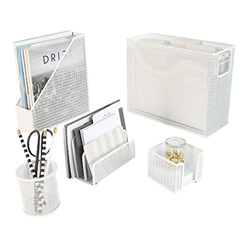 BLU MONACO  White Desk Organizer Set  5 Piece Metal Office Desk Organizer with Hanging File Holder Magazine Organizer Pen Cup Sticky Note Holder Mail Sorter  Desk Organizers and Accessories - Image 1