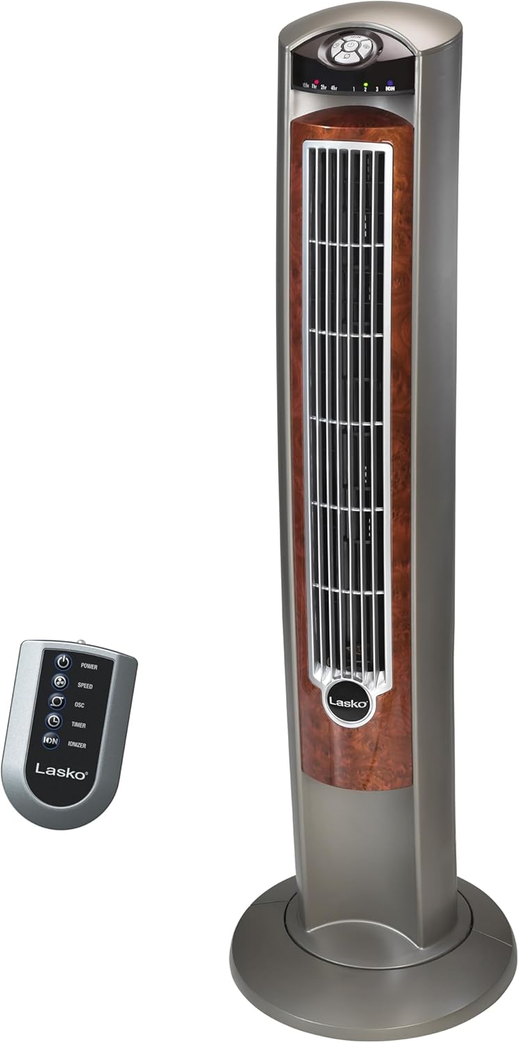 Lasko Wind Curve Oscillating Tower Fan, Fresh Air Ionizer, Timer, Remote Control, Portable Electric Fan for Indoor, Bedroom and Home Office Use, 42", Silverwood 2554 - Image 1