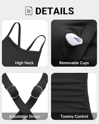 Yonique Women Tankini Swim Top Only - High Neck Bathing Suit Tops Tummy Control Tank Top No Bottom Black M - Image 3