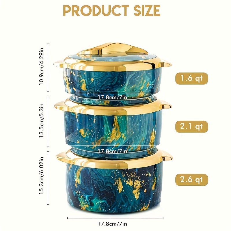 3pcs Black Thermal Casserole Food Warmer Set Insulated Stainless Steel Container For Hot And Cold Food Serving Bowl For Buffet Hot Pot Sets Tableware Office - Image 3