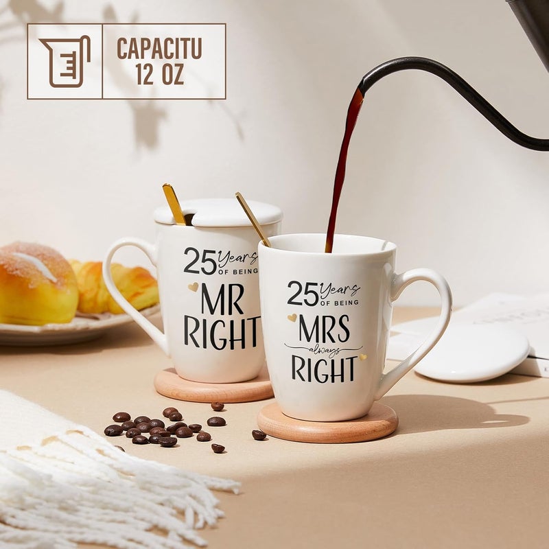 AW BRIDAL مجموعة هدايا عيد الزواج الخامس والعشرين من AW BRIDAL لموسم عيد الميلاد للسيد والسيدة، أكواب قهوة مبتكرة مجموعة من 2 سعة 12 أونصة، هدايا عيد الزواج الخامس والعشرين للوالدين، هدايا له ولها، هدايا خزفية للزوج والزوجة - Image 4