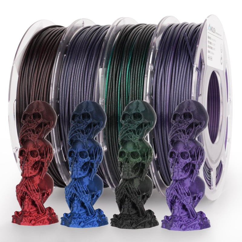 AMOLEN PLA 3D Printer Filament,PLA Filament 1.75mm,Silk Shiny Filament Bundle, Black Red, Blue,Purple,Green, 3D Printing Filament Bundle, 200gX 4 Spools - Image 1
