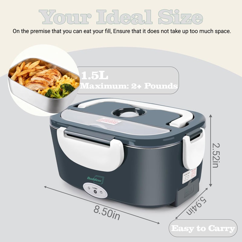 Buddew Electric Heated Lunch Box for Adults - 80W Fast Heating, 1.5L Food-Grade Stainless Steel, 12V/24V/110V Portable Food Warmer for Work Travel Car, Lonchera Electrica Portatil - Image 3