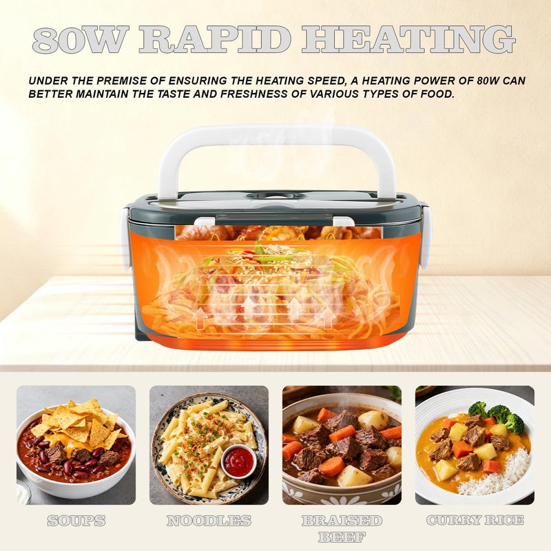 Buddew Electric Heated Lunch Box for Adults - 80W Fast Heating, 1.5L Food-Grade Stainless Steel, 12V/24V/110V Portable Food Warmer for Work Travel Car, Lonchera Electrica Portatil - Image 5
