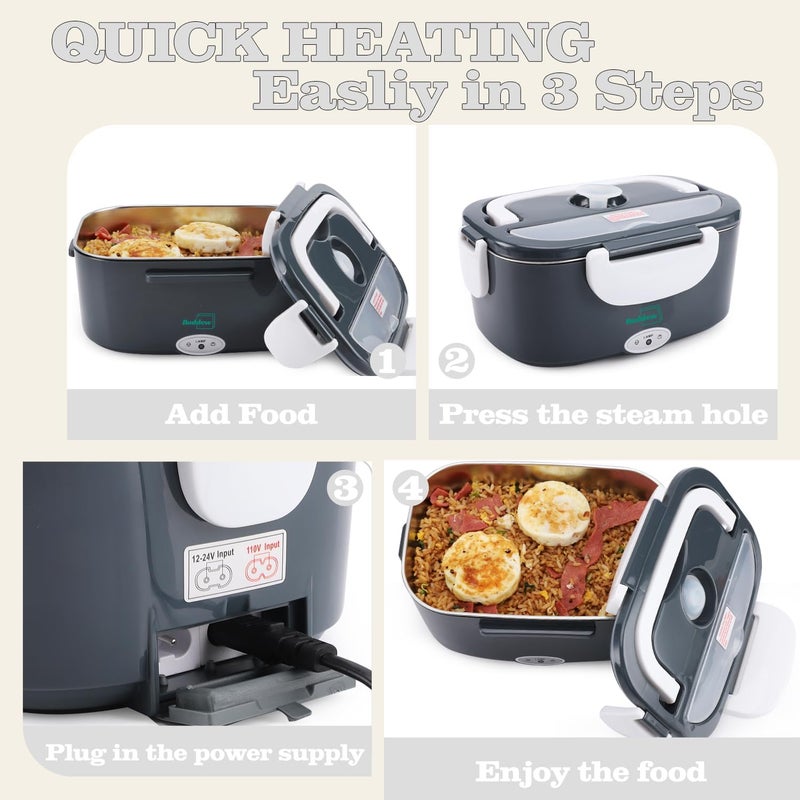 Buddew Electric Heated Lunch Box for Adults - 80W Fast Heating, 1.5L Food-Grade Stainless Steel, 12V/24V/110V Portable Food Warmer for Work Travel Car, Lonchera Electrica Portatil - Image 4
