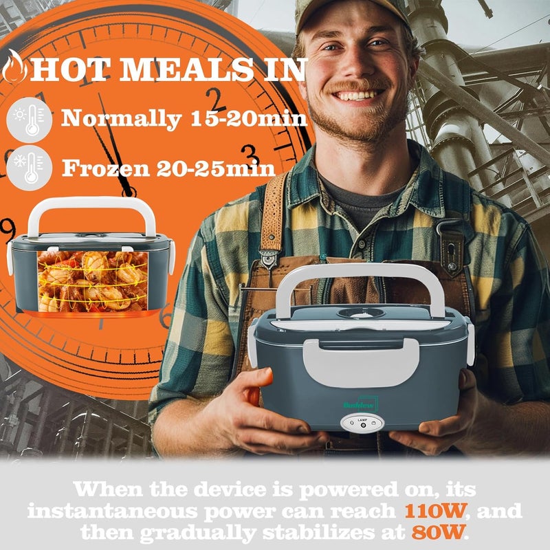 Buddew Electric Heated Lunch Box for Adults - 80W Fast Heating, 1.5L Food-Grade Stainless Steel, 12V/24V/110V Portable Food Warmer for Work Travel Car, Lonchera Electrica Portatil - Image 2