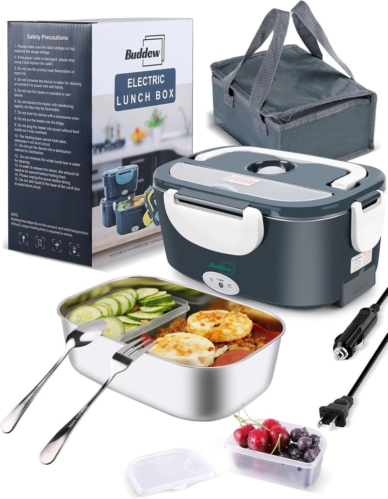 Buddew Electric Heated Lunch Box for Adults - 80W Fast Heating, 1.5L Food-Grade Stainless Steel, 12V/24V/110V Portable Food Warmer for Work Travel Car, Lonchera Electrica Portatil - Image 1