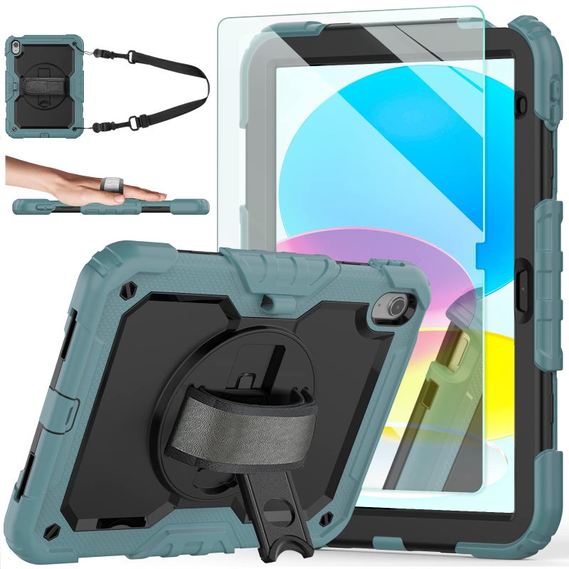 Ambison Case for iPad (A16) 11th/10th Generation 11''/10.9'' 2025/2022, [Kid Proof] Full Body Protective Case with 9H Tempered Glass Screen Protector, 360Â° Rotatable Kickstand & Hand Strap (Teal) - Image 1