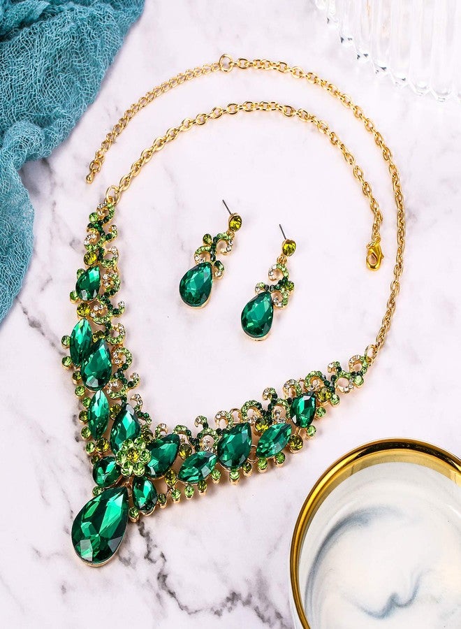 بريلوف طقم مجوهرات بريلوف للنساء، قلادة وأقراط متدلية بتصميم دمعة كريستالية، ماركيز، فراشة، مينا مزخرف، لون زمردي، لون ذهبي - Image 3