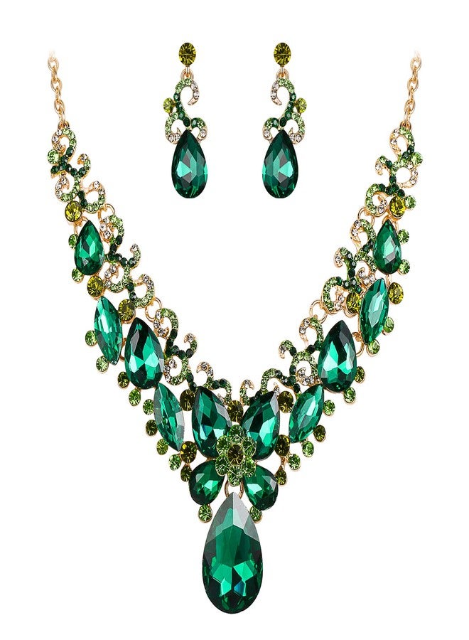 بريلوف طقم مجوهرات بريلوف للنساء، قلادة وأقراط متدلية بتصميم دمعة كريستالية، ماركيز، فراشة، مينا مزخرف، لون زمردي، لون ذهبي - Image 1