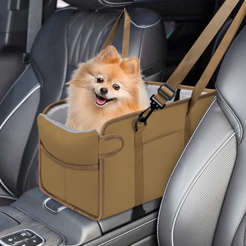 NECKORY Portable Dog Car Seat for Small Dogs - Adjustable Safety Leash, Washable Cushion & Storage Pocket - Pet Booster Seat for Car Travel- Khaki - Image 1