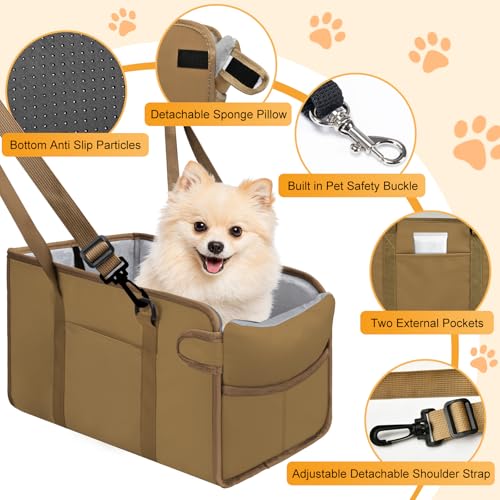 NECKORY Portable Dog Car Seat for Small Dogs - Adjustable Safety Leash, Washable Cushion & Storage Pocket - Pet Booster Seat for Car Travel- Khaki - Image 3