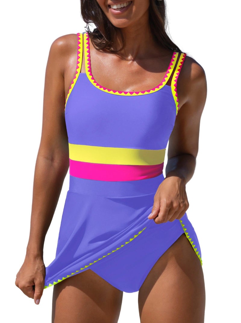 popvil Women's One Piece Swimsuit 2026 Swim Dress Neon Tummy Control Bathing Suit Swimdress with Shell Trim U Neck Swimwear, Purple, Large - Image 1