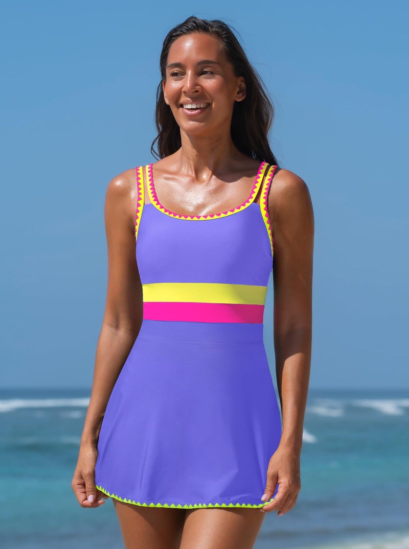 popvil Women's One Piece Swimsuit 2026 Swim Dress Neon Tummy Control Bathing Suit Swimdress with Shell Trim U Neck Swimwear, Purple, Large - Image 4