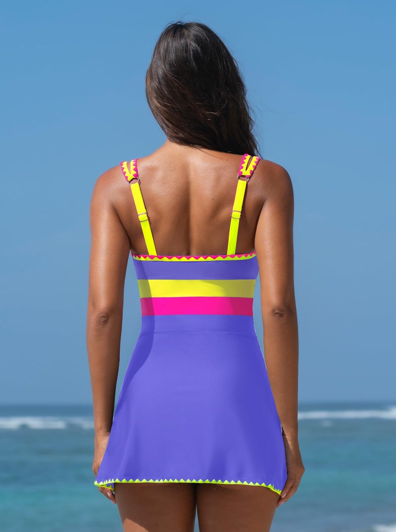popvil Women's One Piece Swimsuit 2026 Swim Dress Neon Tummy Control Bathing Suit Swimdress with Shell Trim U Neck Swimwear, Purple, Large - Image 3