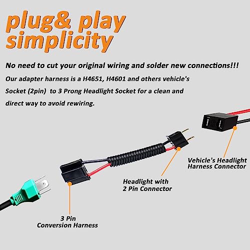RoadandLord 3 prong to 2 prong Wiring Harness Headlight, 3pin Harness Female to 2PIN male Wire Harness Socket,Headlight Adapter Converter Kit For H4651,H4601 Plug and Play for Chevrolet Chevelle,Impala,El Caminos - Image 2