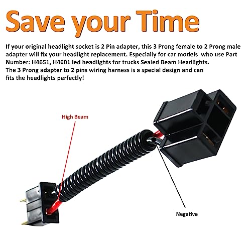 RoadandLord 3 prong to 2 prong Wiring Harness Headlight, 3pin Harness Female to 2PIN male Wire Harness Socket,Headlight Adapter Converter Kit For H4651,H4601 Plug and Play for Chevrolet Chevelle,Impala,El Caminos - Image 3
