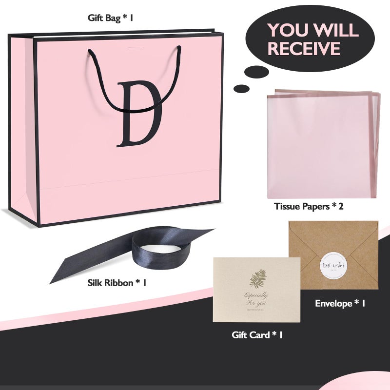 QLSKO Personalized Initial Paper Bag for Women Grils,Monogrammed Gift Bag with Bow Ribbon,Wrapping Tissue and Card Matching Envelope Sticker (Pink, D-Medium) - Image 2
