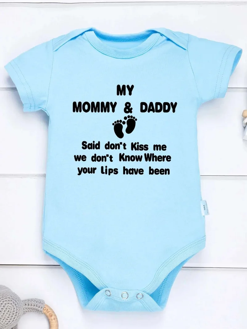 Matching Family Outfits “My Mommy & Daddy Said Don’t Kiss Me” Baby Romper – Funny Quote Infant Bodysuit, Soft Cotton Short Sleeve Newborn Outfit, Unisex Baby Boy Girl Jumpsuit, Cute Baby Gift (BLUE)