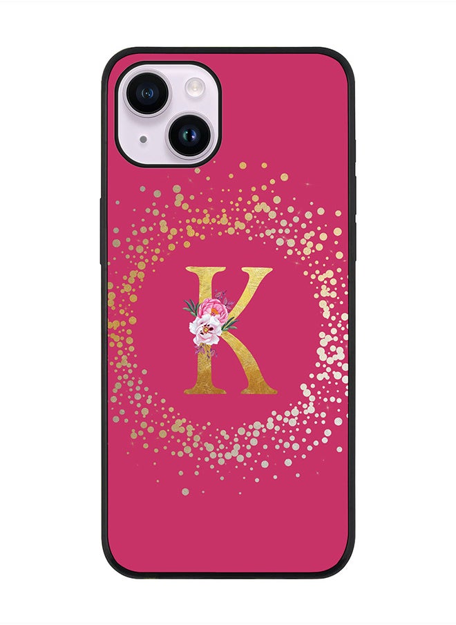 Stylizedd Rugged Black edge case for Apple iPhone 14 Plus, Soft Flexible Phone case Custom Monogram Initial Letter Floral Pattern Alphabet - K (Dark Pink Rose)  - Image 1