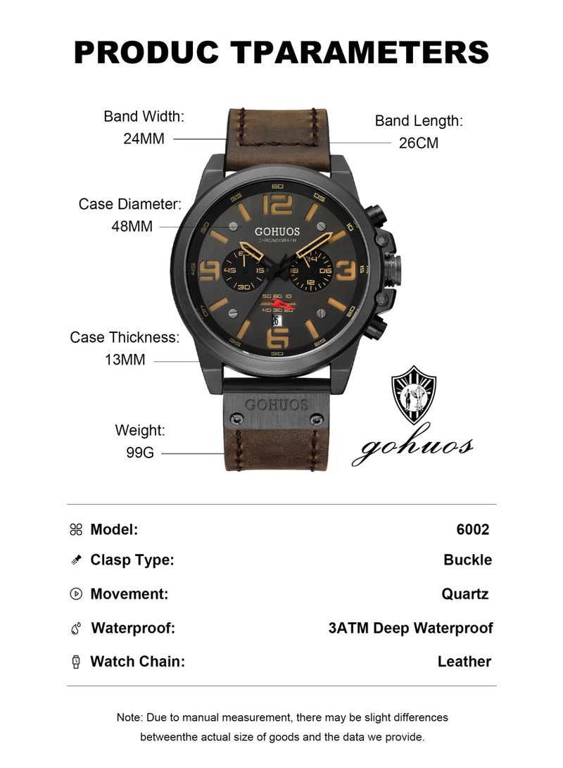 جوهوس ساعة يد كرونوغراف فاخرة للرجال من الجلد المقاوم للماء مع ساعة توقيت عسكرية ساعة يد كوارتز عصرية للرجال - 48 مم - Image 4