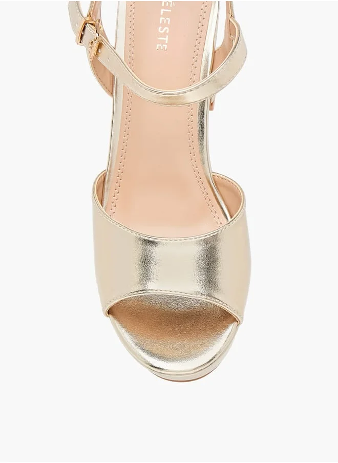 سيليست Women's Textured Sandals with Block Heels and Buckle Closure