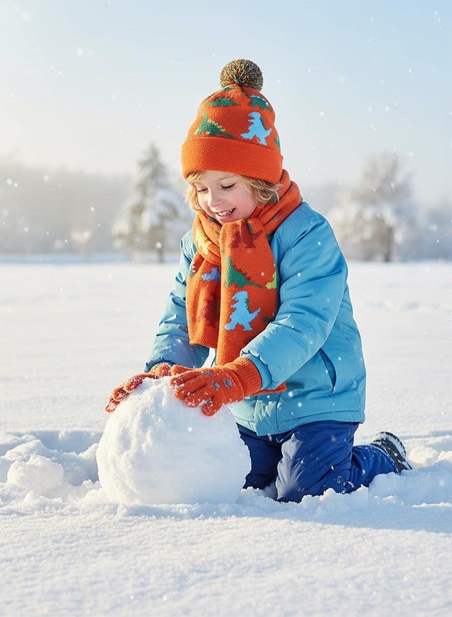 NATUST 3 Pcs Kids Winter Knit Hat Gloves Scarf Dinosaur Beanie With Pompom Children Knitted Warm Set Orange - Image 3