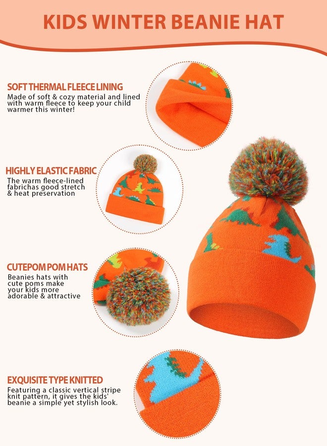 NATUST 3 Pcs Kids Winter Knit Hat Gloves Scarf Dinosaur Beanie With Pompom Children Knitted Warm Set Orange - Image 4