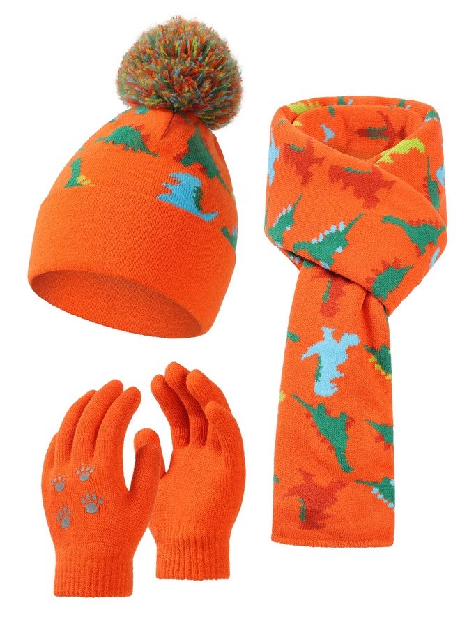 NATUST 3 Pcs Kids Winter Knit Hat Gloves Scarf Dinosaur Beanie With Pompom Children Knitted Warm Set Orange - Image 1