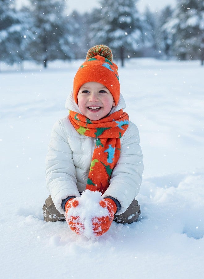 NATUST 3 Pcs Kids Winter Knit Hat Gloves Scarf Dinosaur Beanie With Pompom Children Knitted Warm Set Orange - Image 2