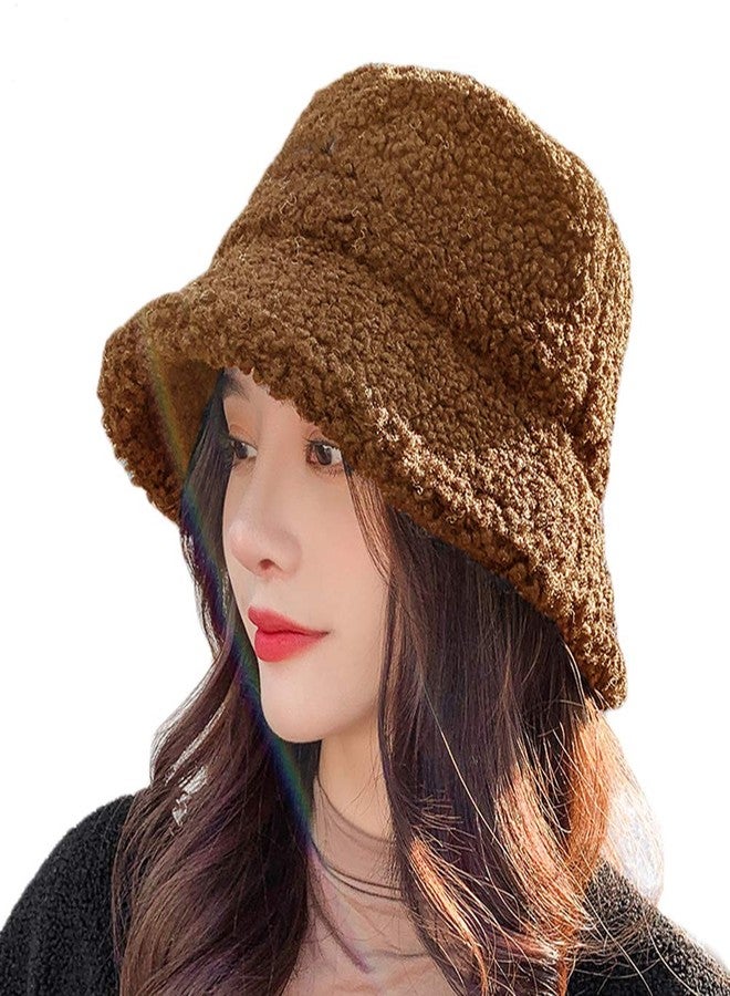 قبعة دلو شتوية من نيو فانسي للنساء والفتيات، مصنوعة من الفرو الصناعي المجعد وجلد الغنم، قبعة صياد دافئة، لون بني - Image 3