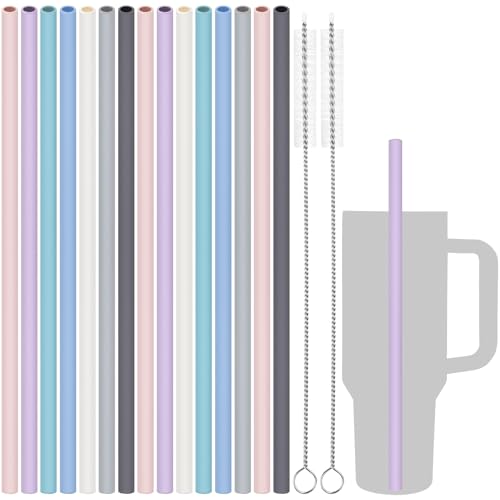 Tomorotec 15PCS Reusable Silicone Drinking Straws w/ 2 Brushes, Fit for Stanley Tumbler 40oz 30oz 20oz, 12" Long Customizable for Various Drinkware, Dishwasher Safe, BPA-Free, Safe for Teeth (Macaron) - Image 1