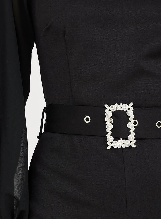 Styli Embellished Buckle Belt Wide Leg Jumpsuit